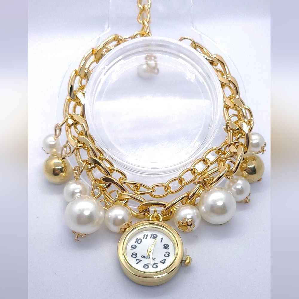 Gold Charm Bracelet Watch Faux Pearl Layered Chain Vintage Inspired Old Money - Picture 7 of 9